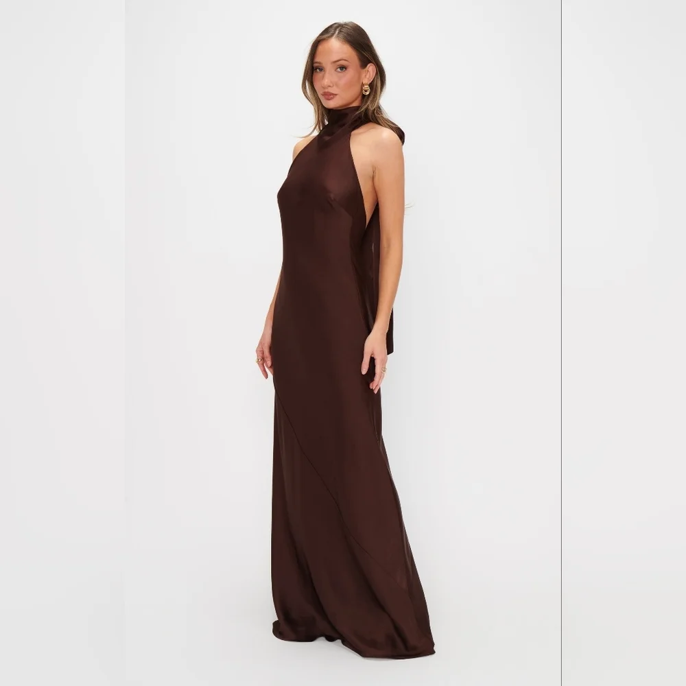Show Me Your MUMU Lisa Maxi Dress XS Chocolate Luxe Satin Wedding Party Prom - Picture 5 of 11